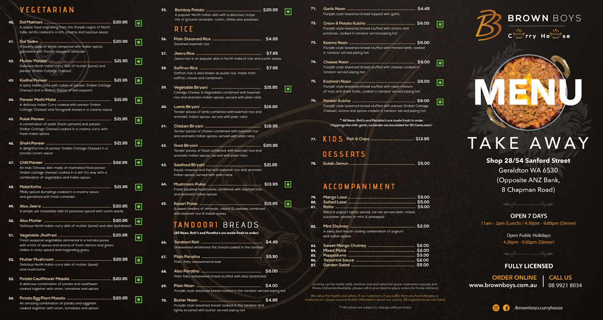 Menu, Brown Boys Curry House