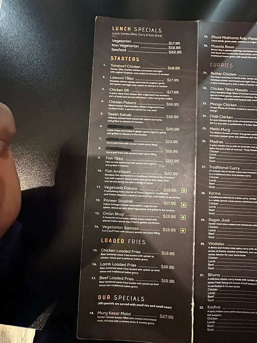 Menu, Brown Boys Curry House