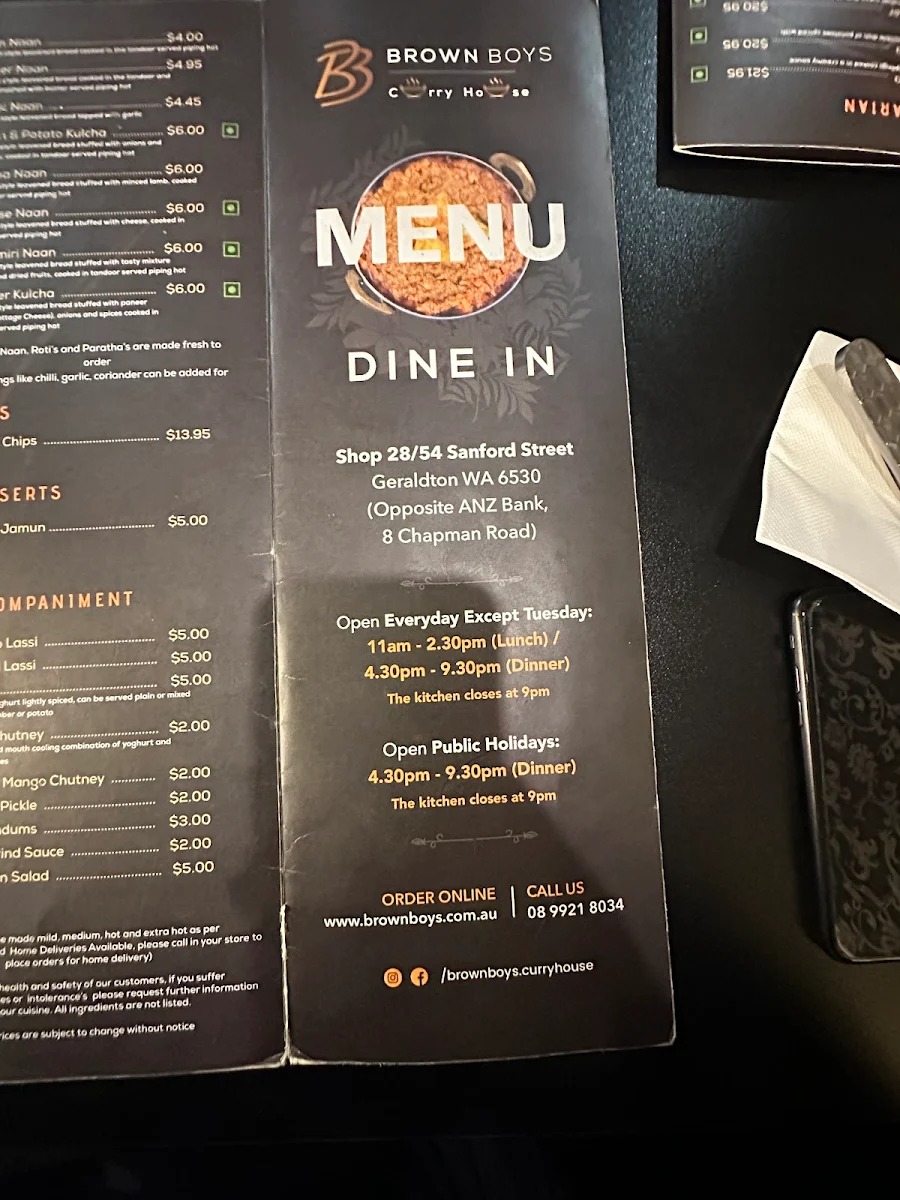 Menu, Brown Boys Curry House