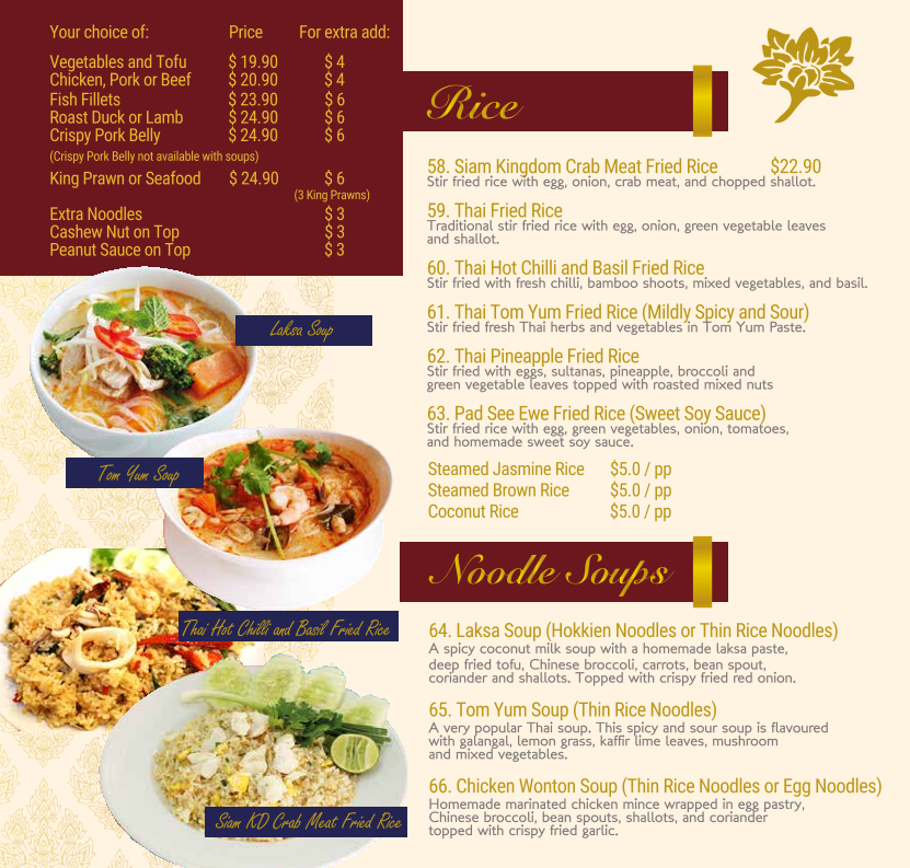 Menu, Siam Kingdom Thai Newington