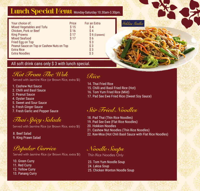 Menu, Siam Kingdom Thai Newington