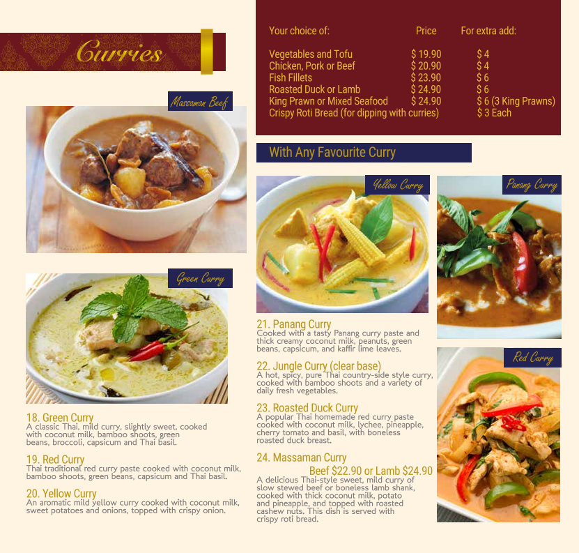 Menu, Siam Kingdom Thai Newington