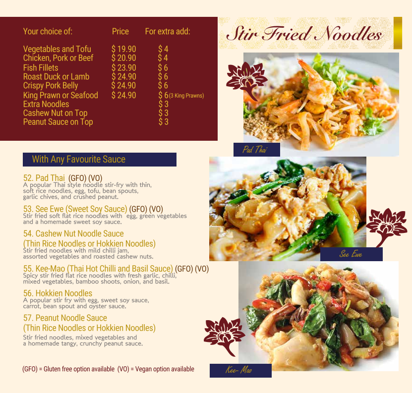 Menu, Siam Kingdom Thai Newington