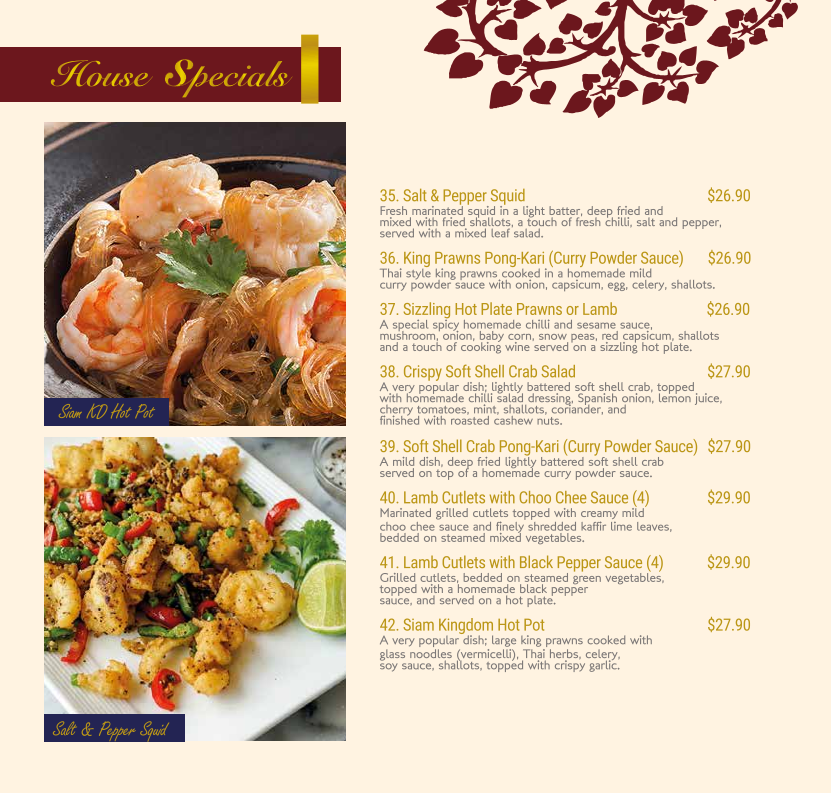 Menu, Siam Kingdom Thai Newington