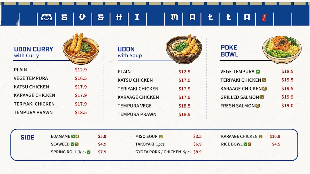 Menu, Sushi Motto