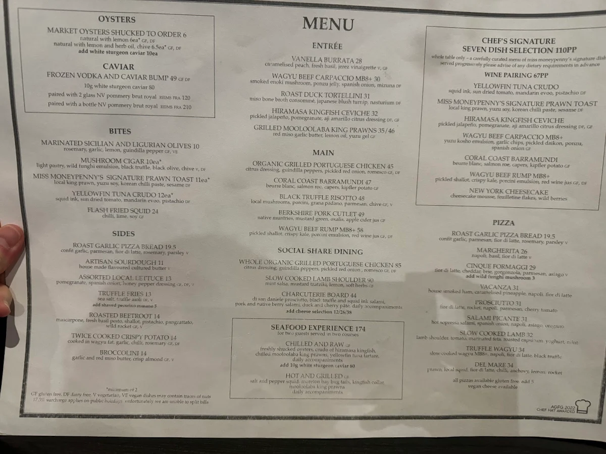 Menu, Miss Moneypenny's Noosa
