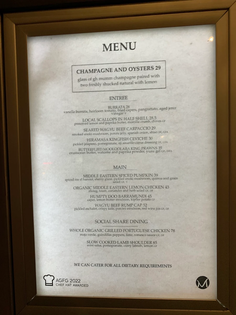 Menu, Miss Moneypenny's Noosa