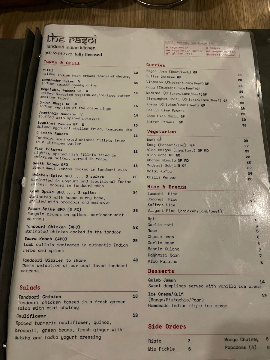 Menu, The Rasoi Sorrento