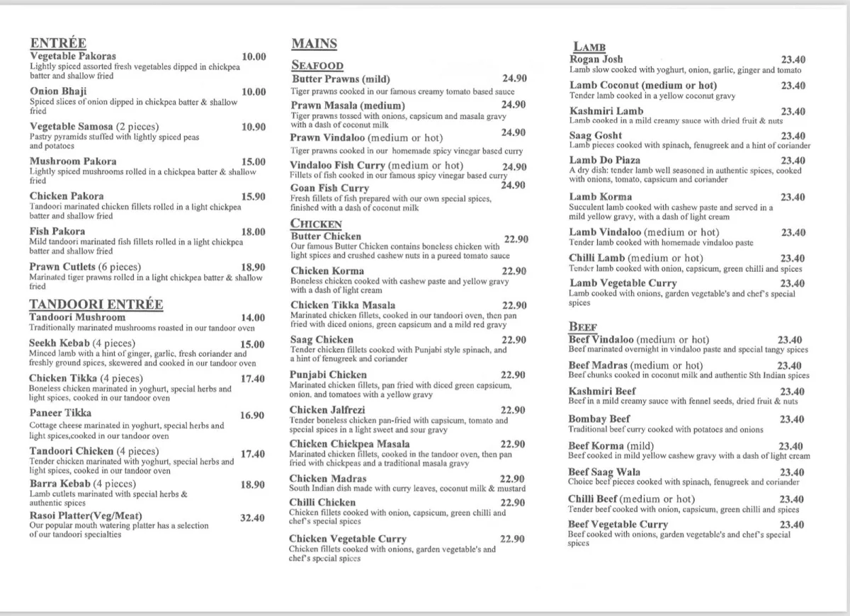Menu, The Rasoi Sorrento