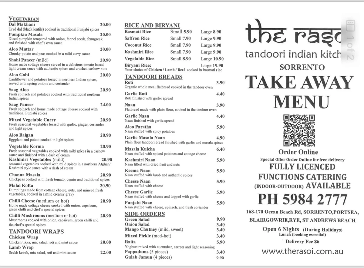 Menu, The Rasoi Sorrento