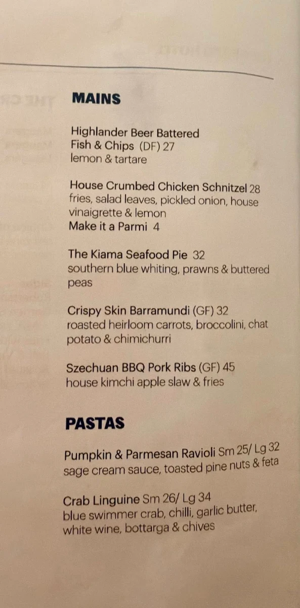 Menu, The Grand Hotel Kiama