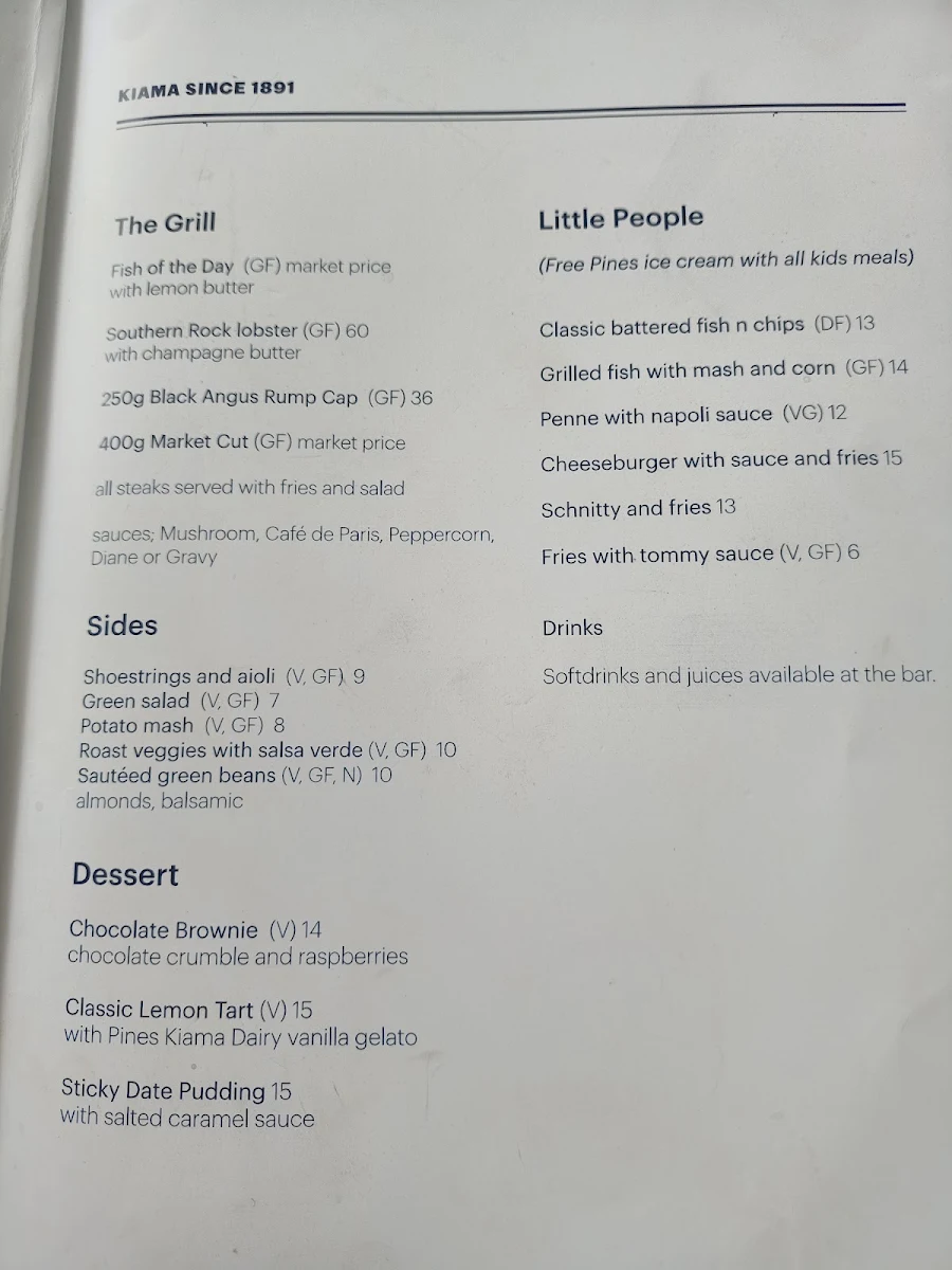 Menu, The Grand Hotel Kiama