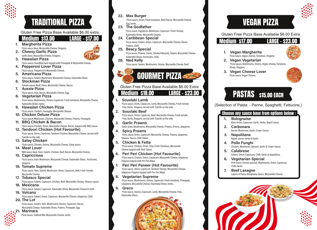Menu, Beaconsfield Pizza and Pasta