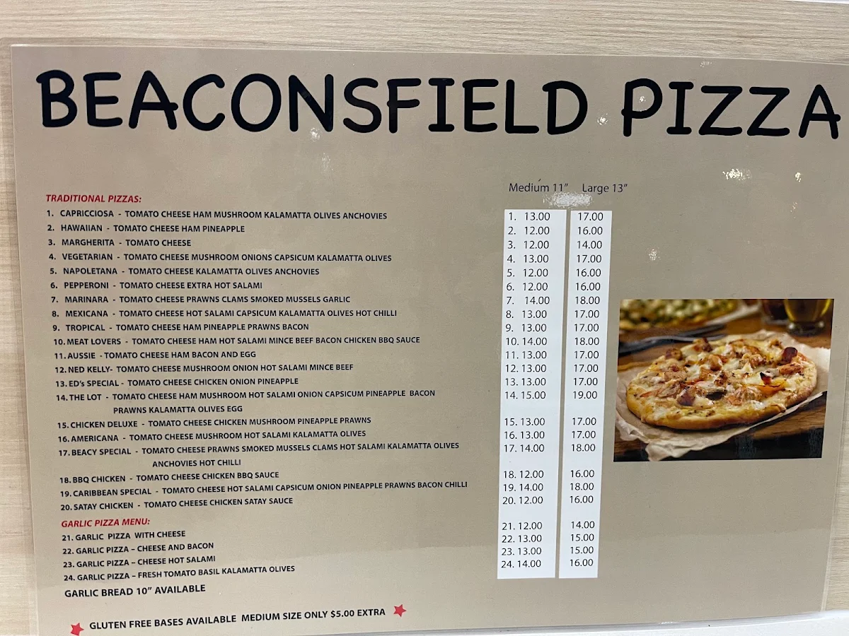 Menu, Beaconsfield Pizza and Pasta