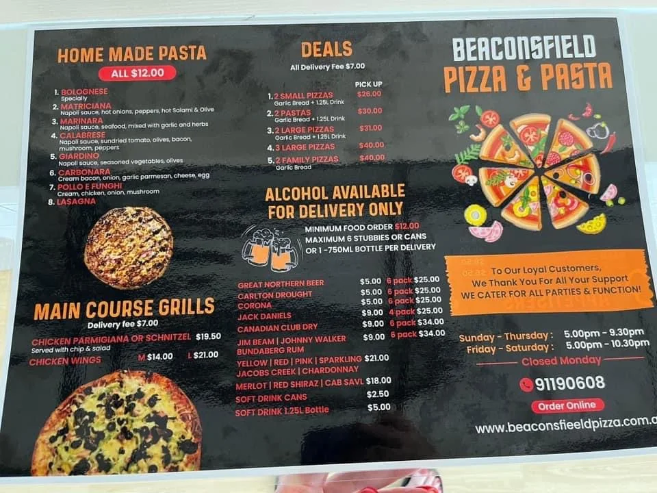 Menu, Beaconsfield Pizza and Pasta