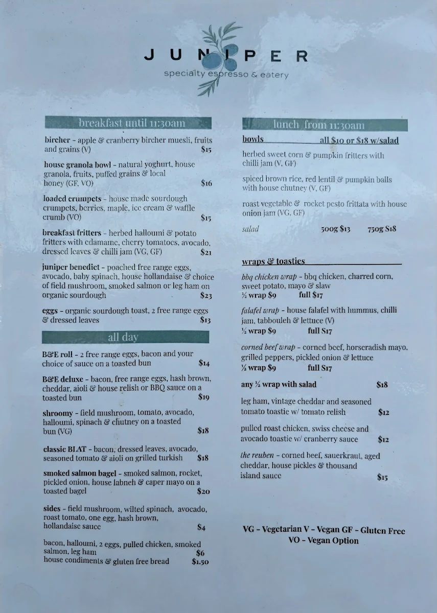 Menu, Juniper Speciality Espresso & Eatery