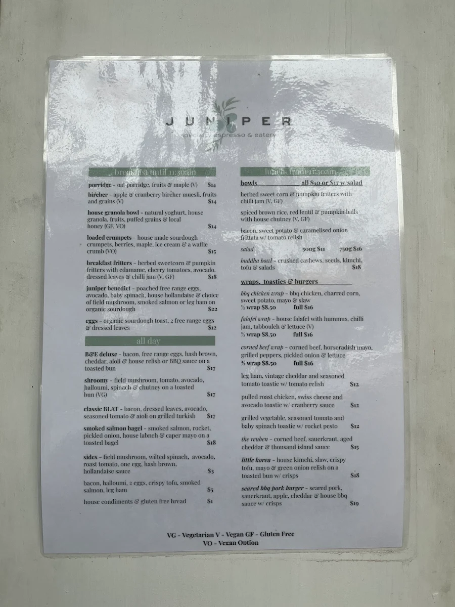 Menu, Juniper Speciality Espresso & Eatery