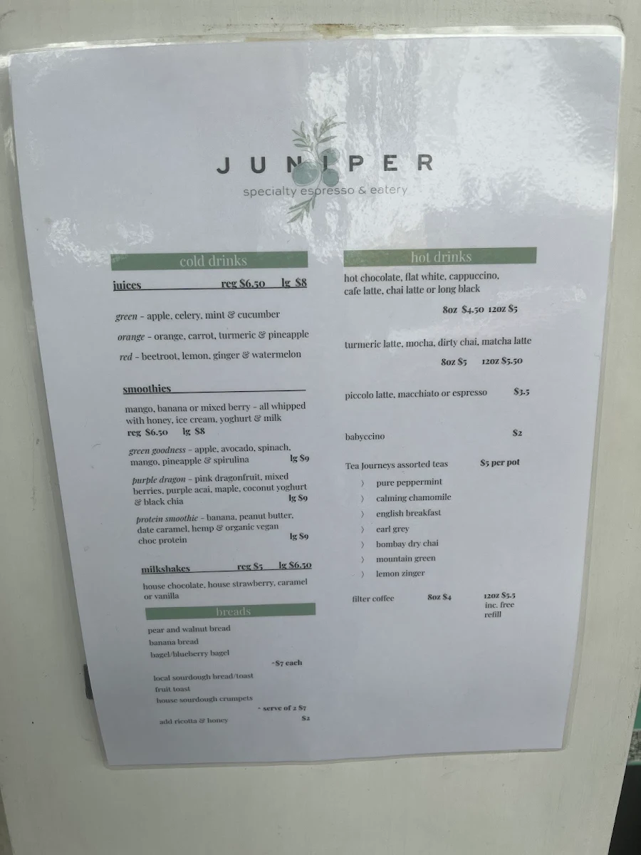 Menu, Juniper Speciality Espresso & Eatery