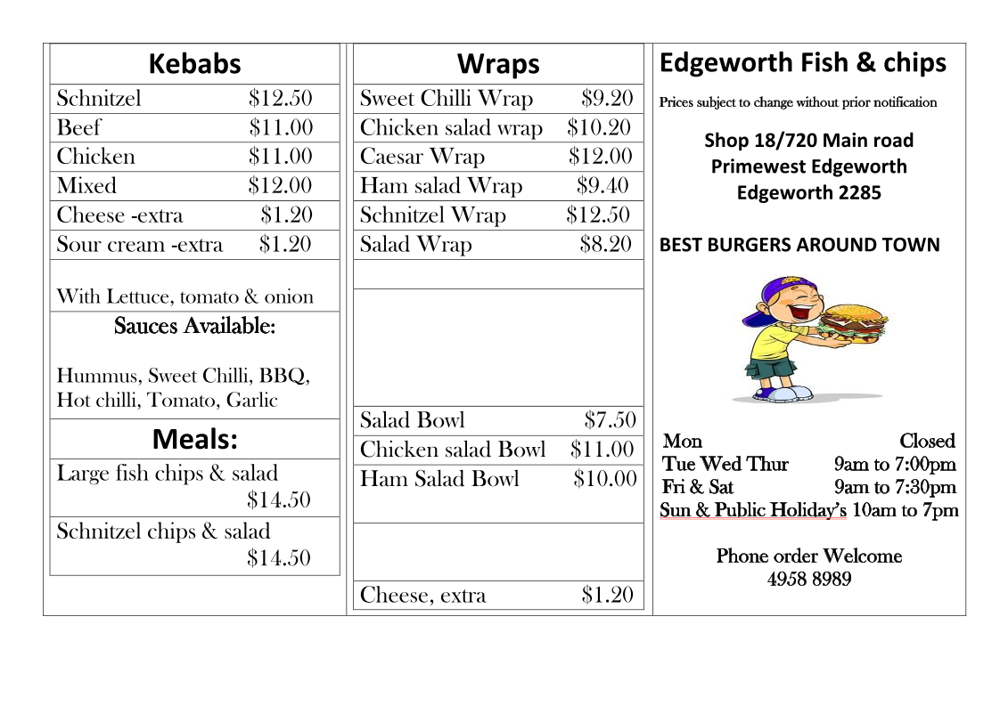 Menu, Edgeworth Fish & Chips