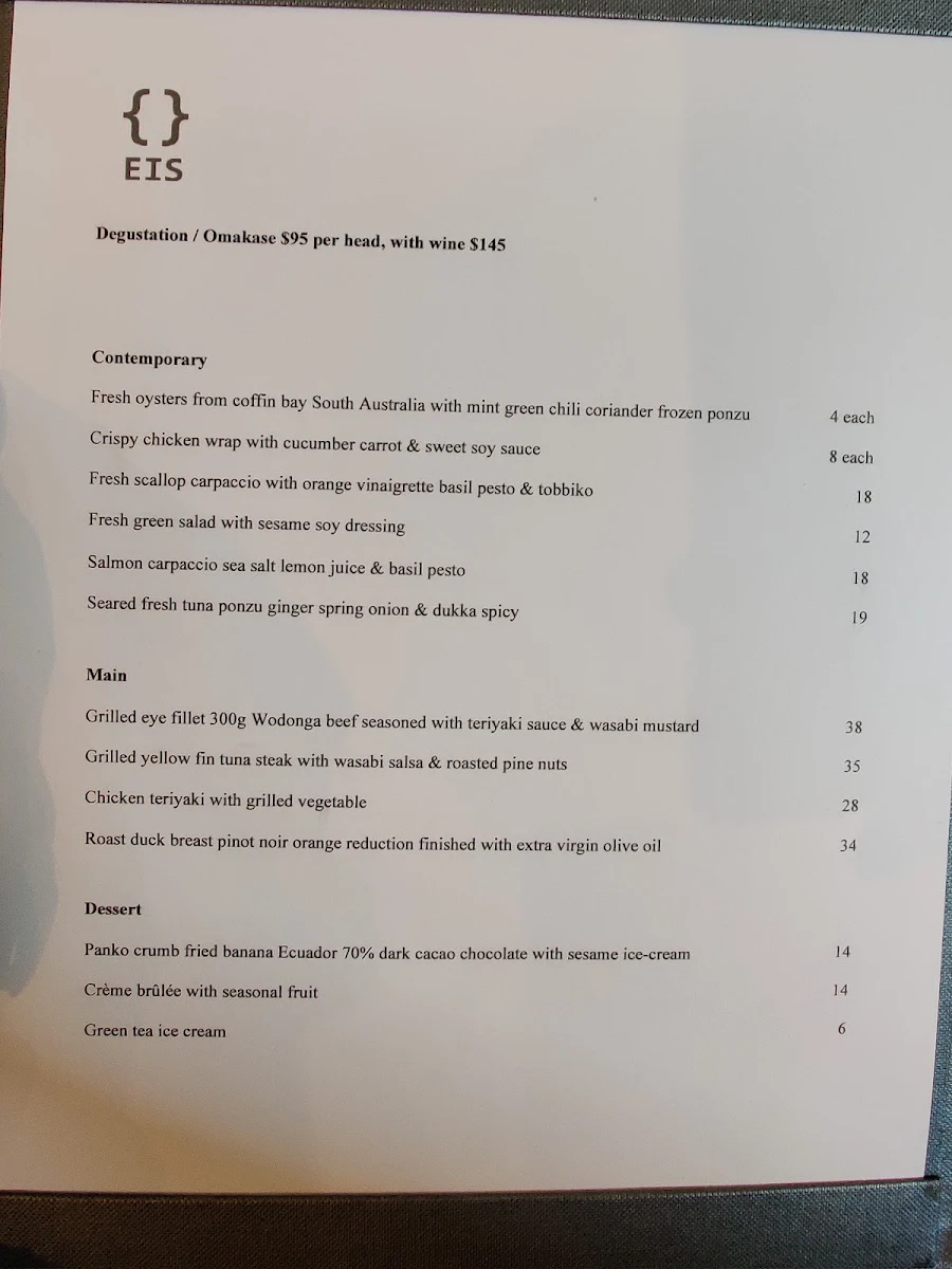 Menu, Eis Japanese Restaurant