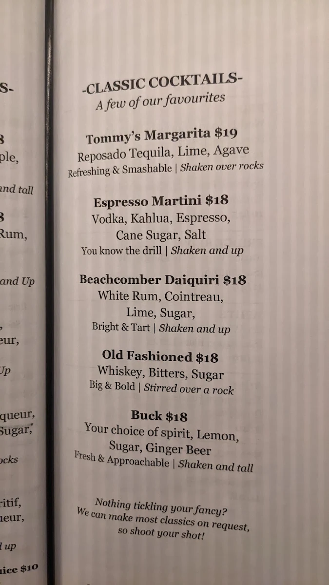 Menu, The Black Cockatoo Bar
