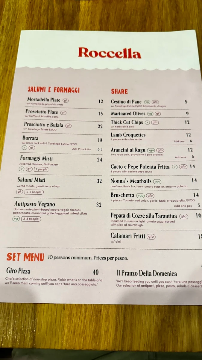 Menu, Roccella Italian Restaurant East Melbourne