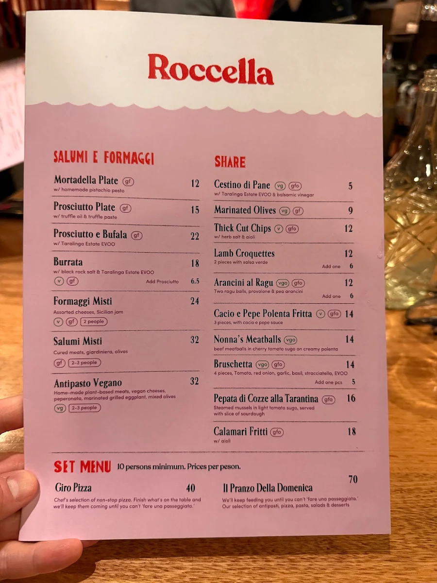 Menu, Roccella Italian Restaurant East Melbourne