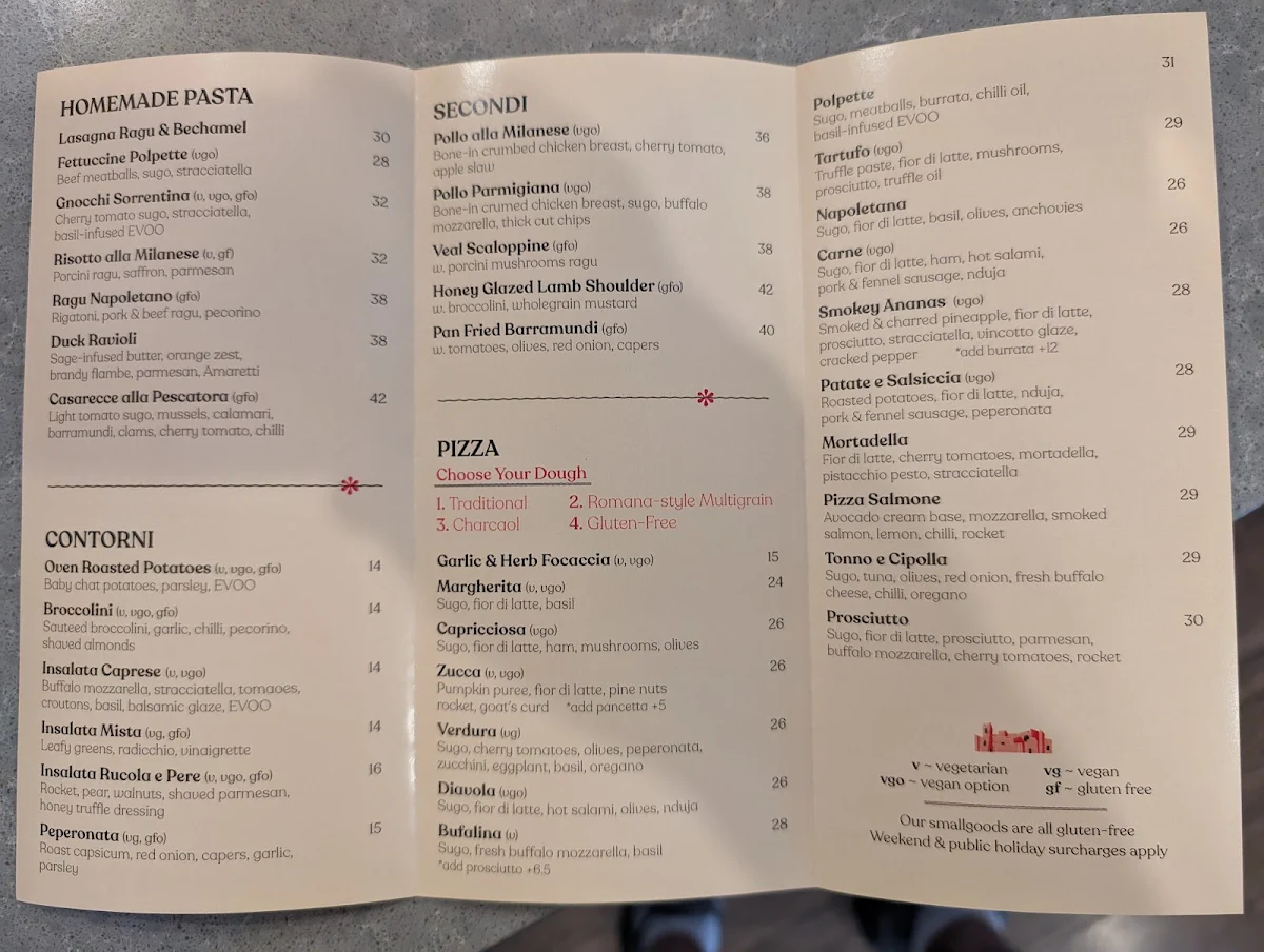 Menu, Roccella Italian Restaurant East Melbourne
