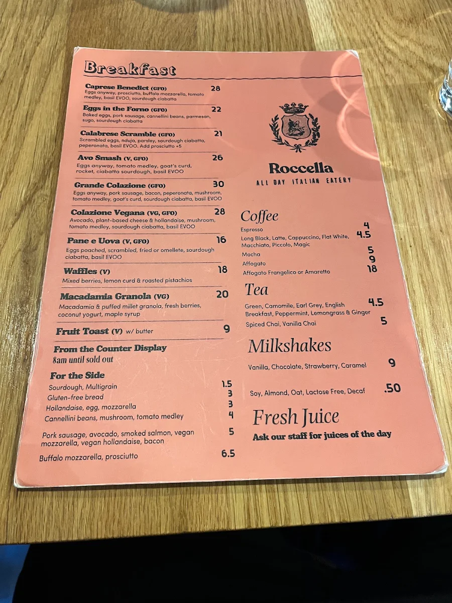 Menu, Roccella Italian Restaurant East Melbourne
