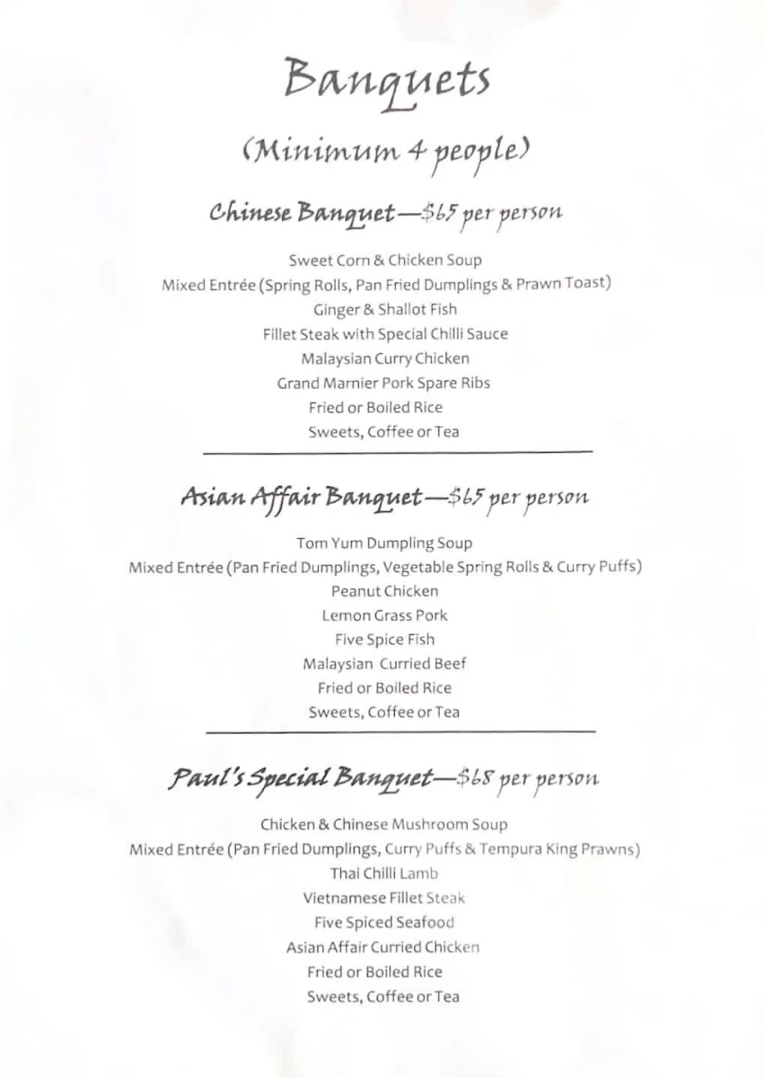 Menu, Paul's Asian Affair
