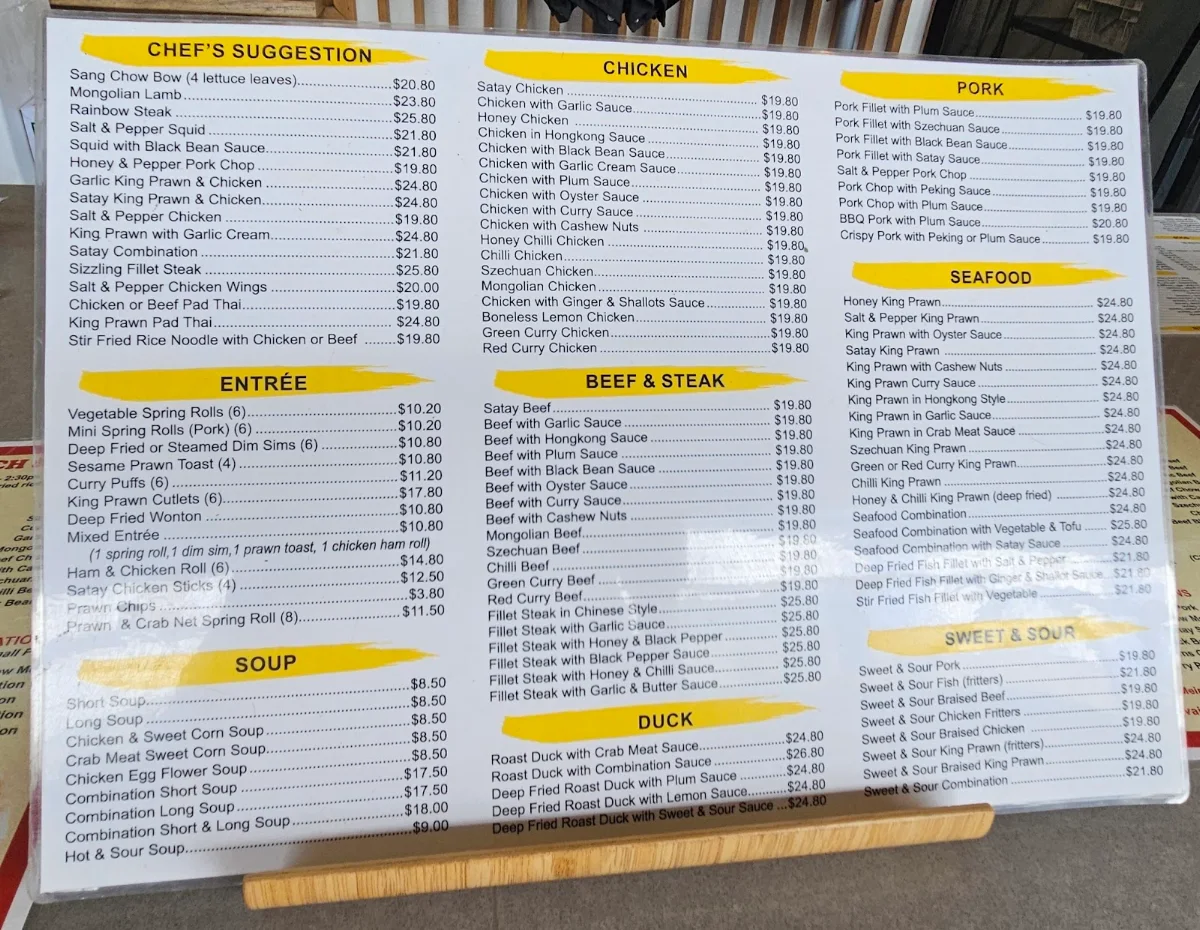 Menu, Hills Palace Chinese kitchen