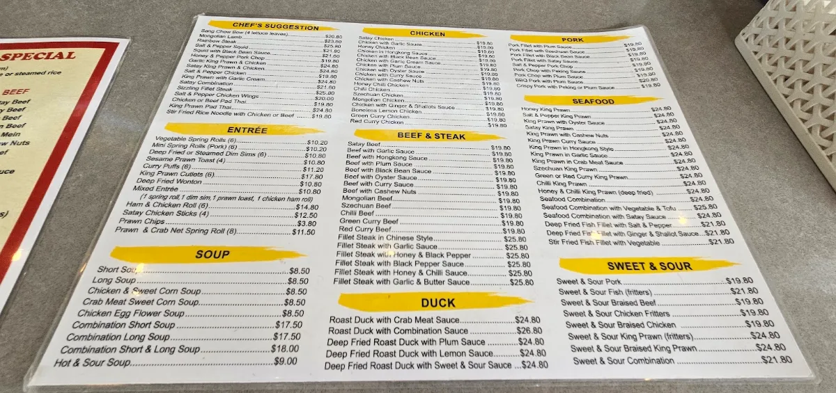 Menu, Hills Palace Chinese kitchen