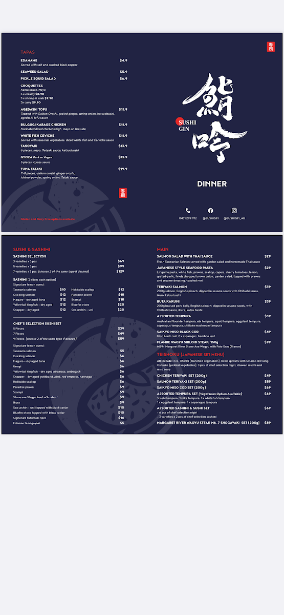 Menu, Sushi Gin