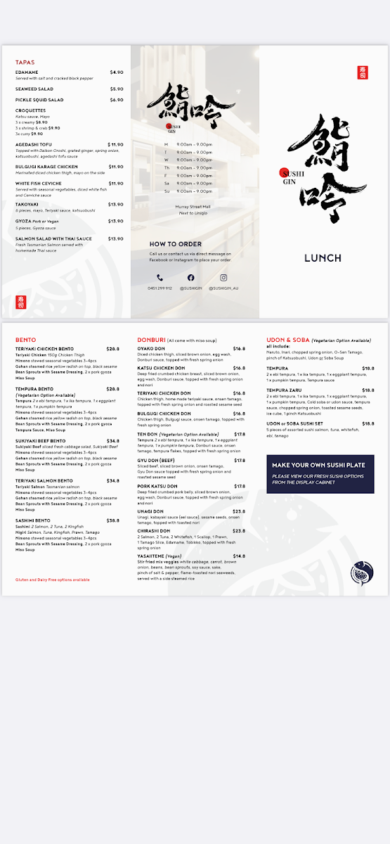 Menu, Sushi Gin