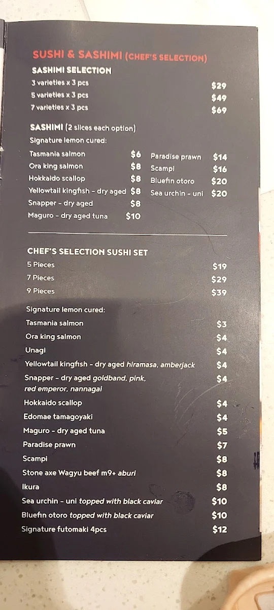 Menu, Sushi Gin