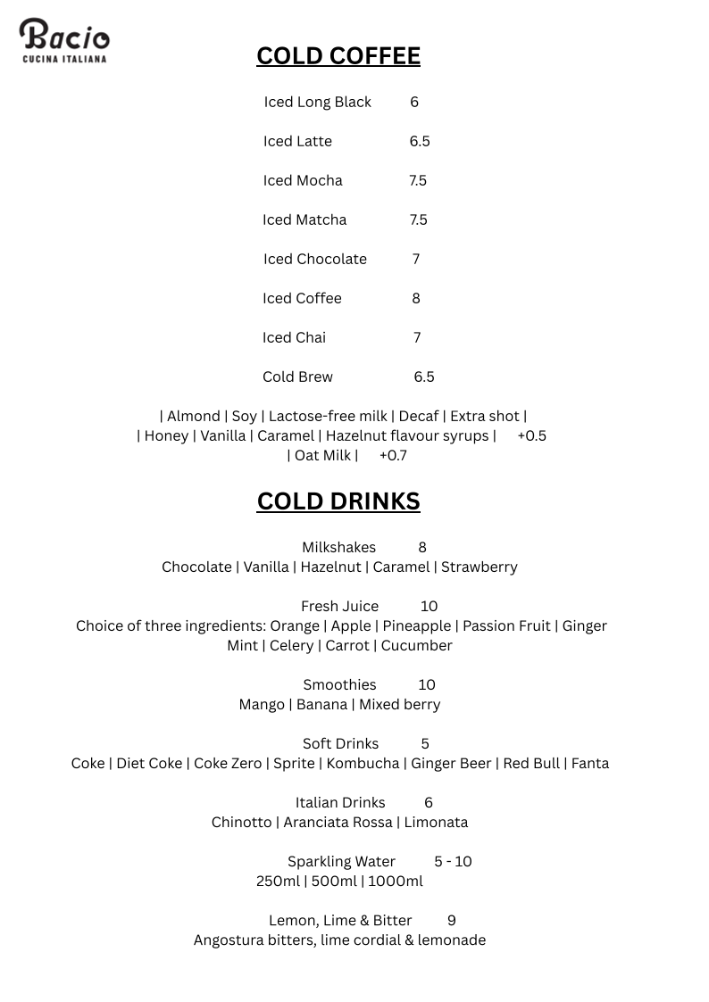 Menu, Bacio CUCINA ITALIANA
