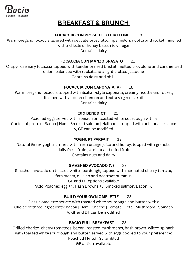 Menu, Bacio CUCINA ITALIANA