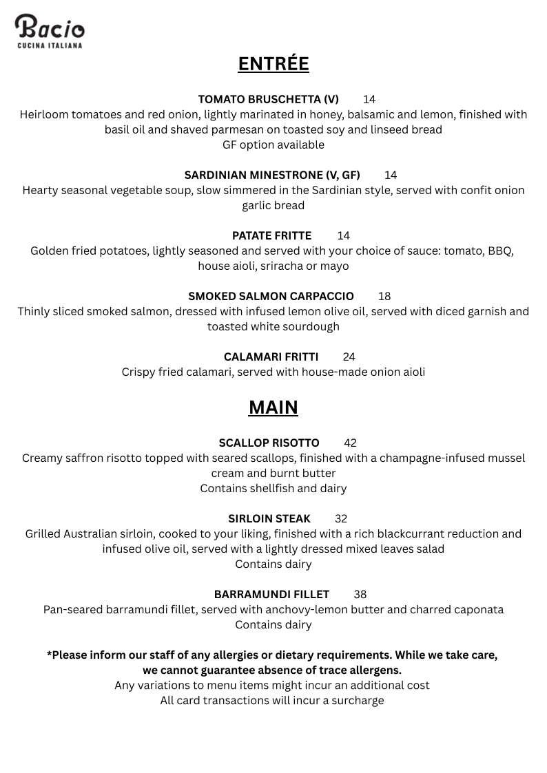 Menu, Bacio CUCINA ITALIANA