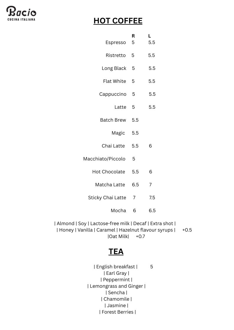 Menu, Bacio CUCINA ITALIANA