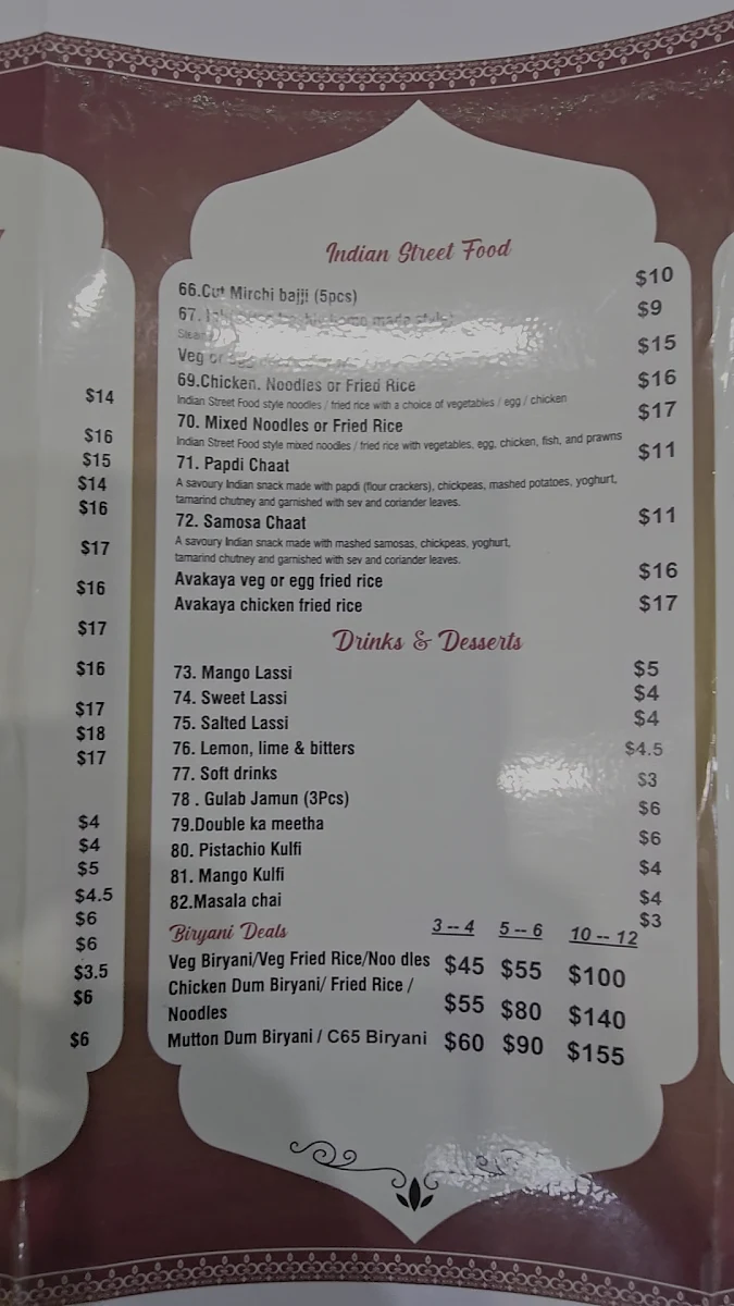 Menu, Spice of Hyderabad