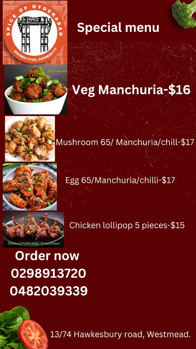Menu, Spice of Hyderabad