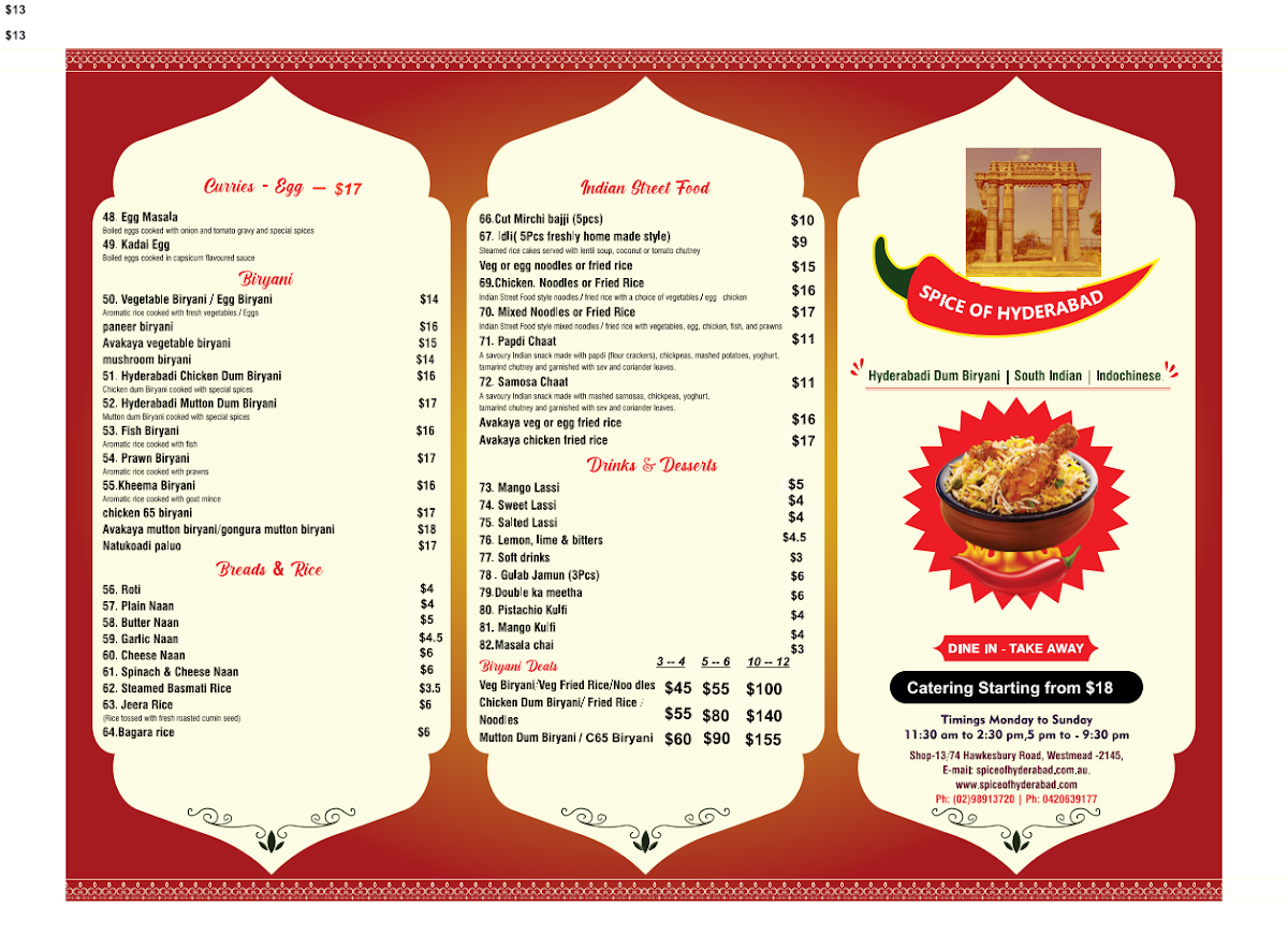 Menu, Spice of Hyderabad