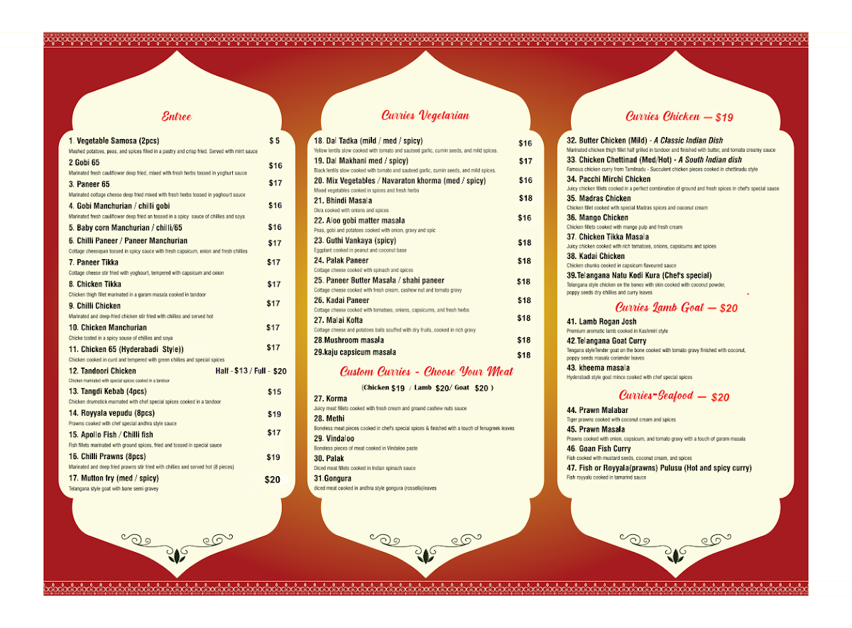 Menu, Spice of Hyderabad