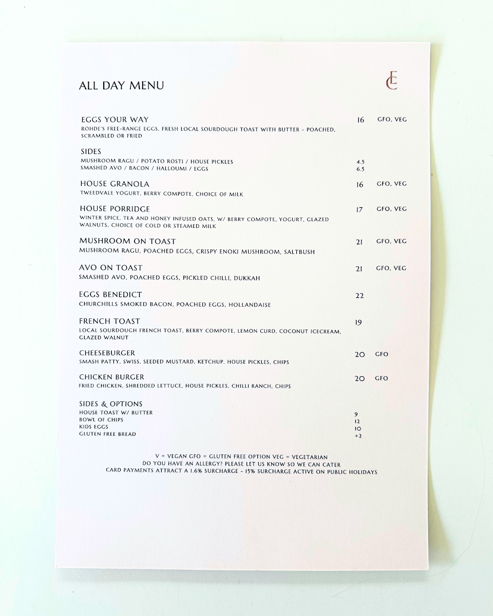Menu, Elementary Coffee Torrensville