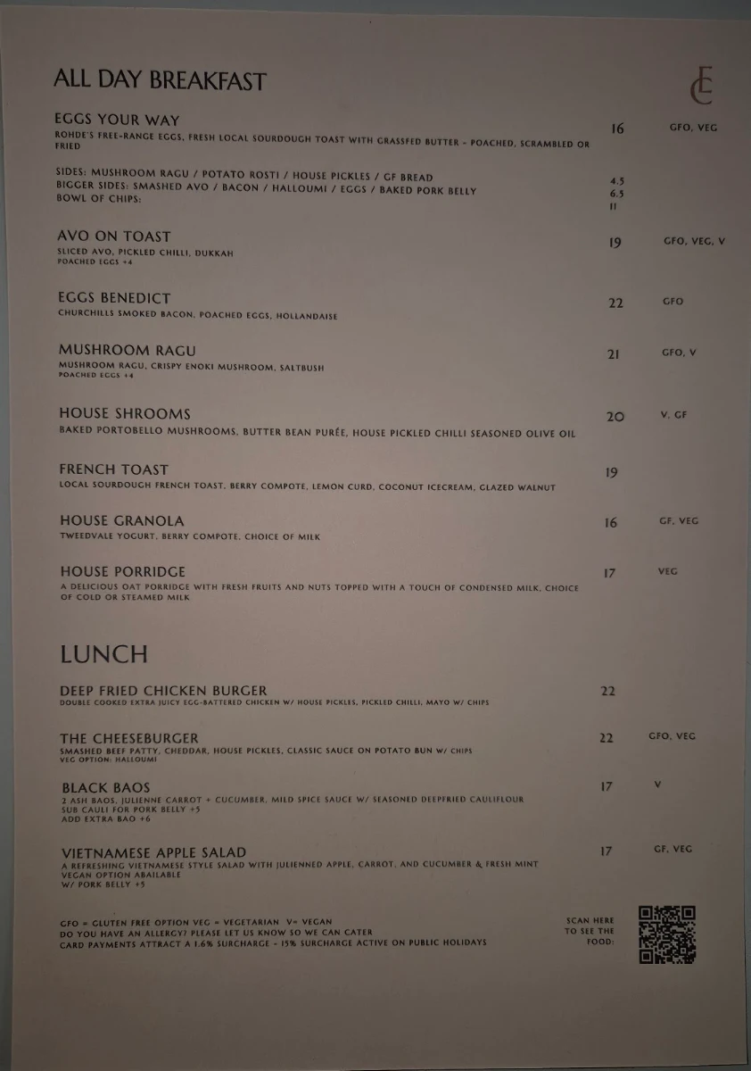 Menu, Elementary Coffee Torrensville