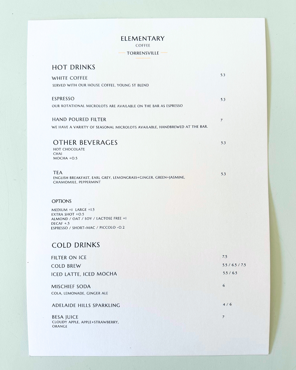 Menu, Elementary Coffee Torrensville