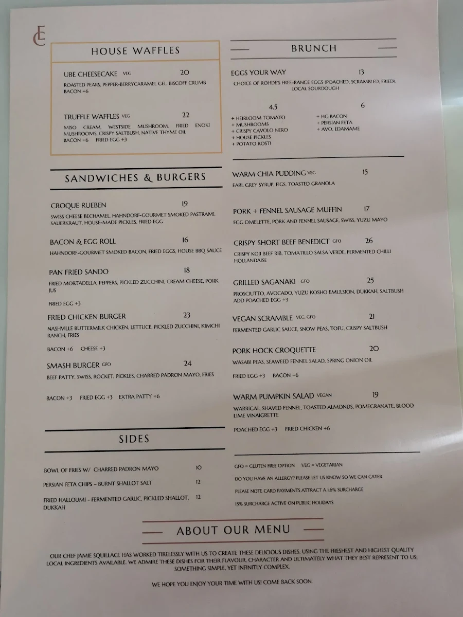 Menu, Elementary Coffee Torrensville