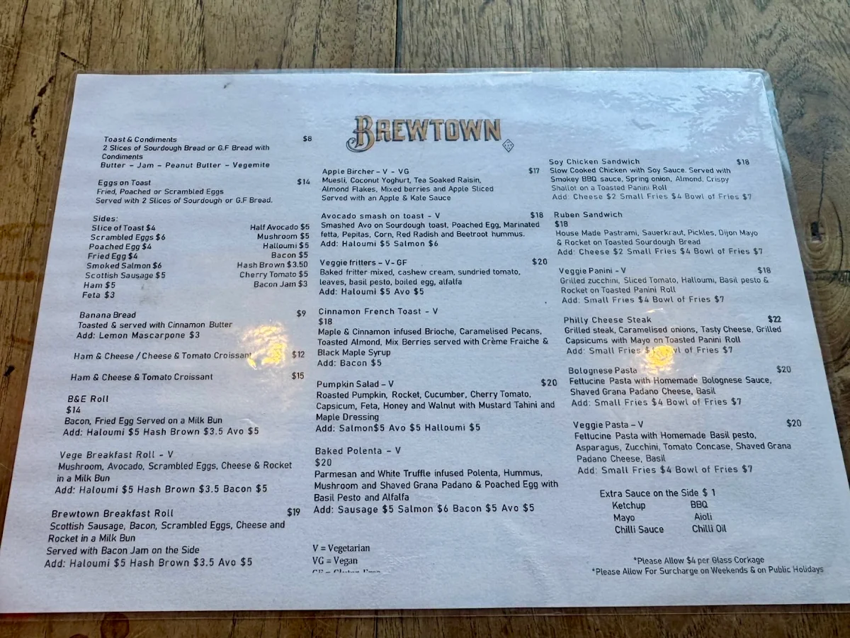 Menu, Brewtown Newtown