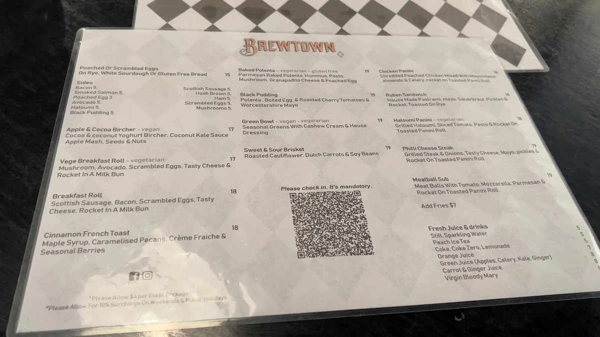 Menu, Brewtown Newtown