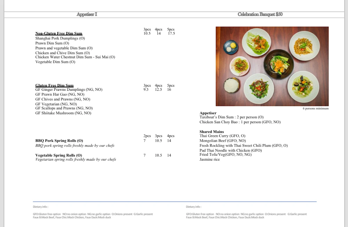 Menu, Taxiboat